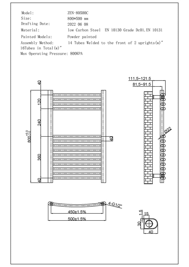 Technical specification sheet for Zennor anthracite dual fuel towel rail, 800mm x 500mm curved heated radiator, standard, showing dimensions and key details