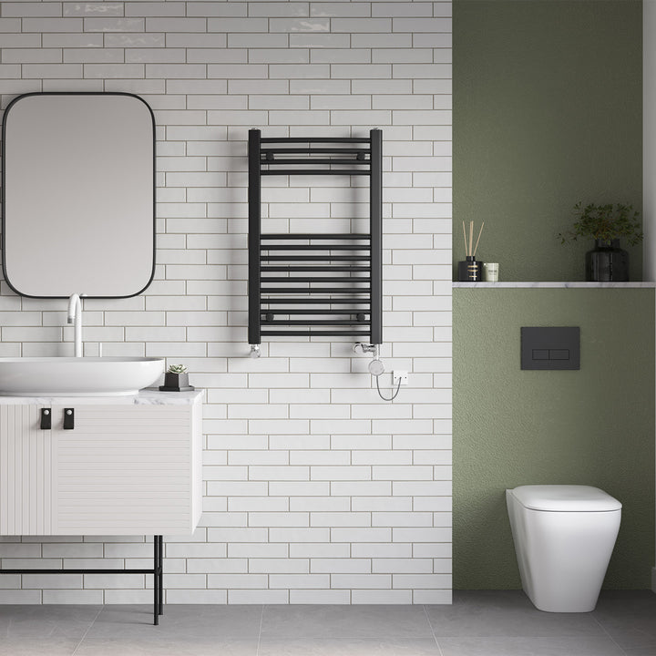 Zennor - Black Dual Fuel Towel Rail H800mm x W500mm Thermostatic - Curved