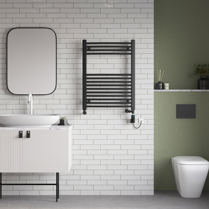 Zennor - Black Dual Fuel Towel Rail H800mm x W600mm Thermostatic WIFI - Curved