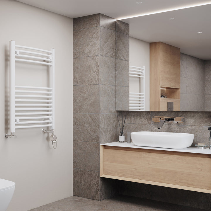 Zennor - White Dual Fuel Towel Rail H800mm x W600mm Thermostatic - Curved