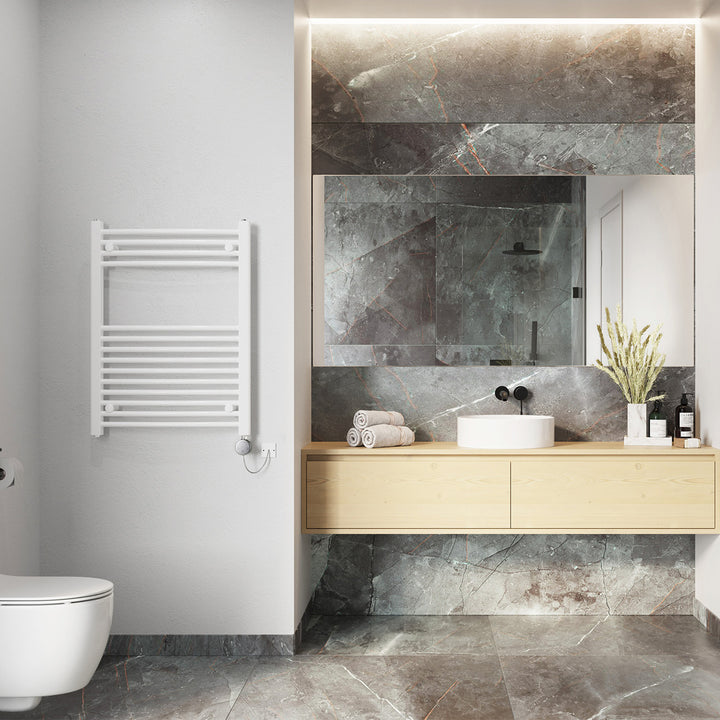 Zennor - White Electric Towel Rail H800mm x W600mm Curved 400w Thermostatic