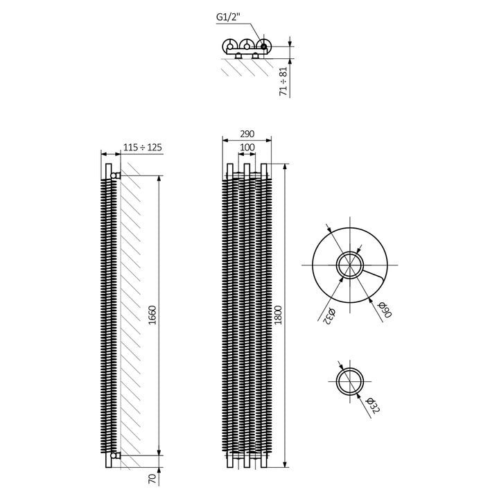 Ribbon Heban Black Vertical Electric Radiator H1800mm x W290mm 600w Thermostatic