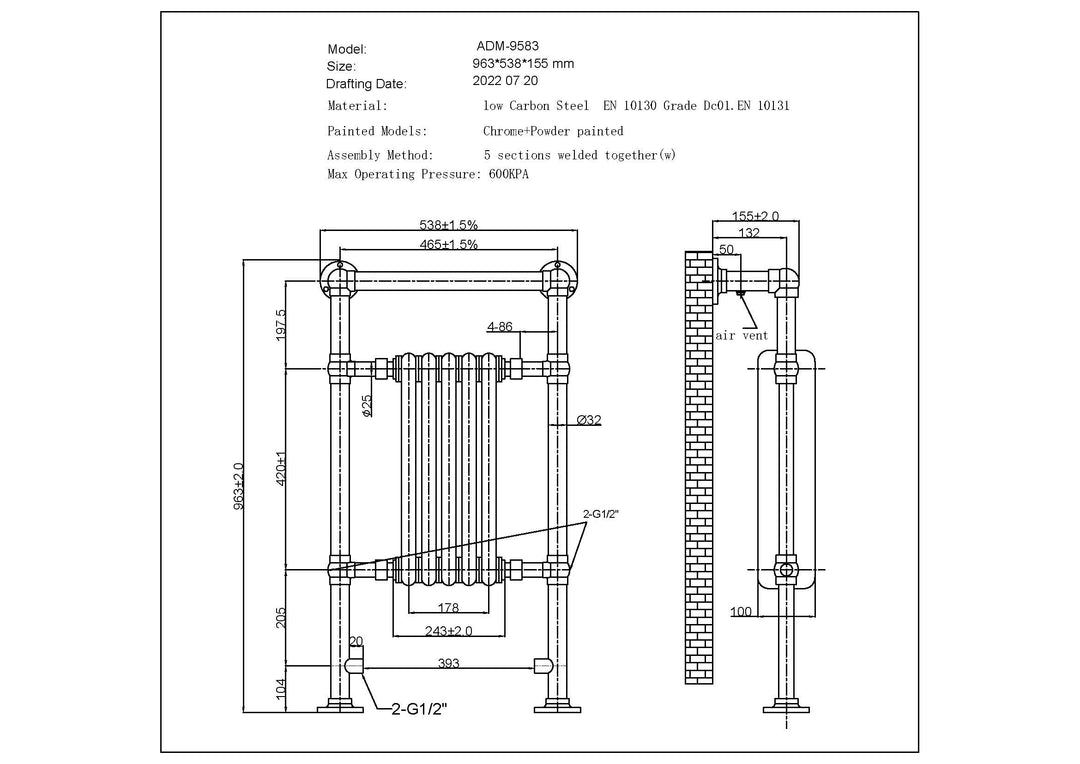 Adisham - Traditional Towel Radiator - H963mm x W538mm - Floor Standing