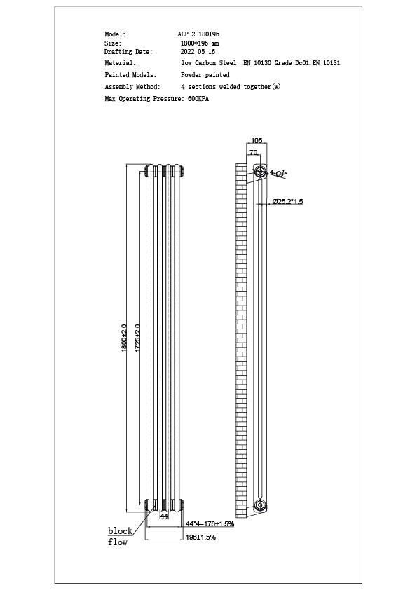 Alpha - Anthracite Vertical Column Radiator H1800mm x W196mm 2 Column