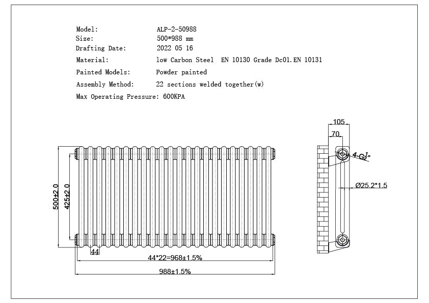 Alpha - Raw Metal Column Radiator H500mm x W988mm 2 Column