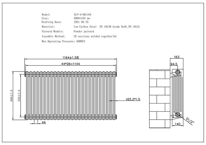 Alpha - Raw Metal Column Radiator H600mm x W1164mm 4 Column