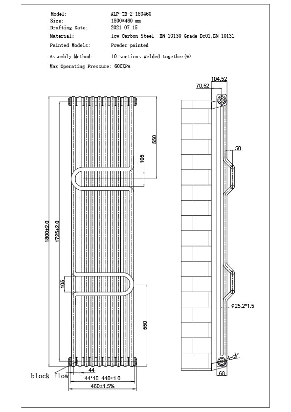 Alpha - Black Vertical Towel Bar Column Radiator H1800mm x W460mm 2 Column