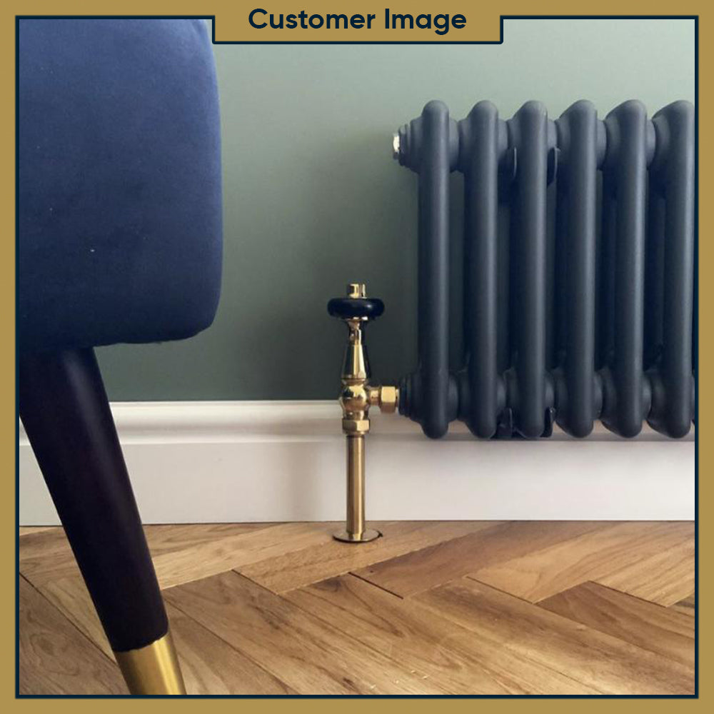 Signature Wooden Head - Polished Brass Thermostatic Radiator Valves Angled 10mm
