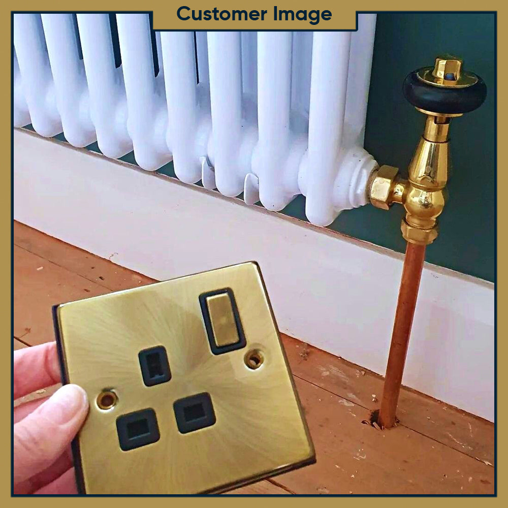 Signature Wooden Head - Polished Brass Thermostatic Radiator Valves Angled 10mm