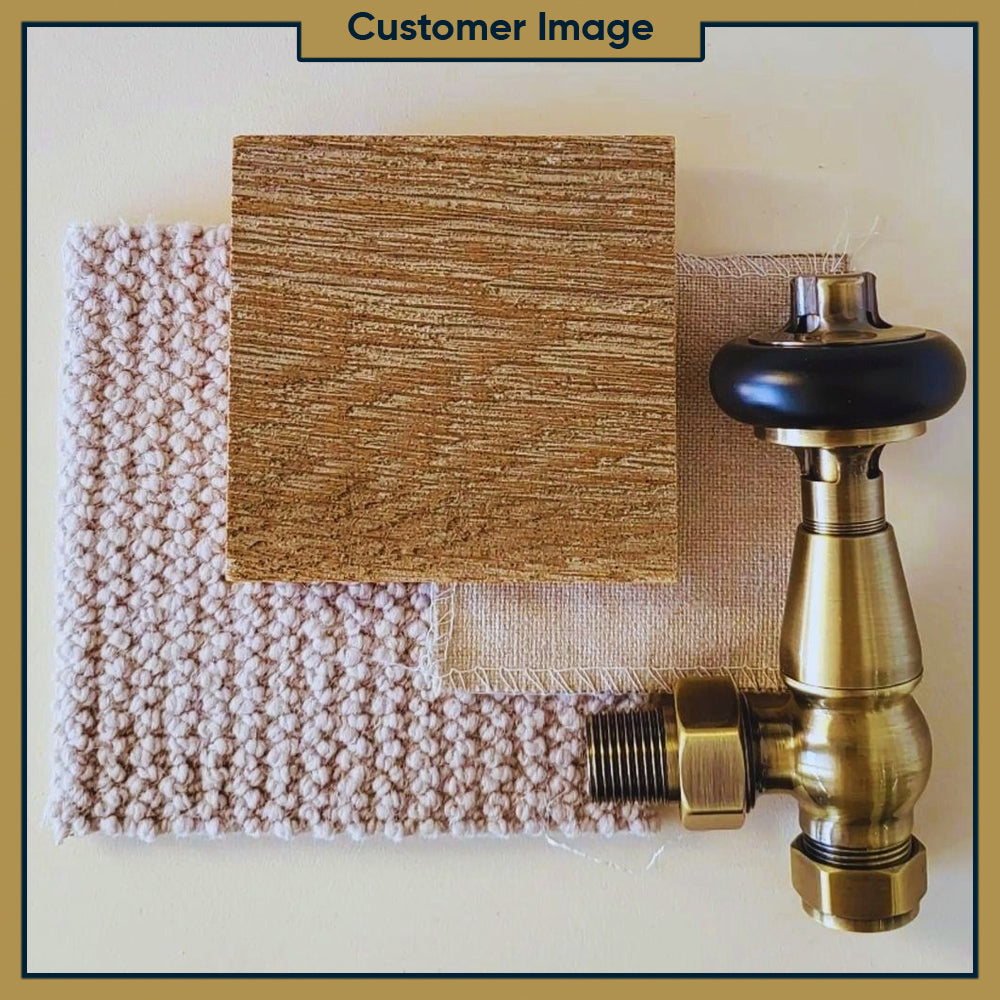 Signature Wooden Head - Antique Brass Thermostatic Radiator Valves Angled 8mm