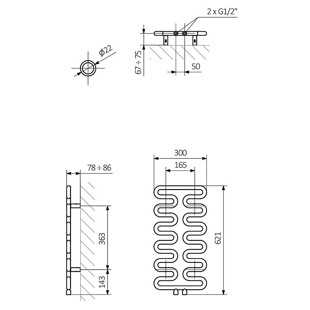 Aire - Modern Grey Towel Radiators - H621mm x W300mm