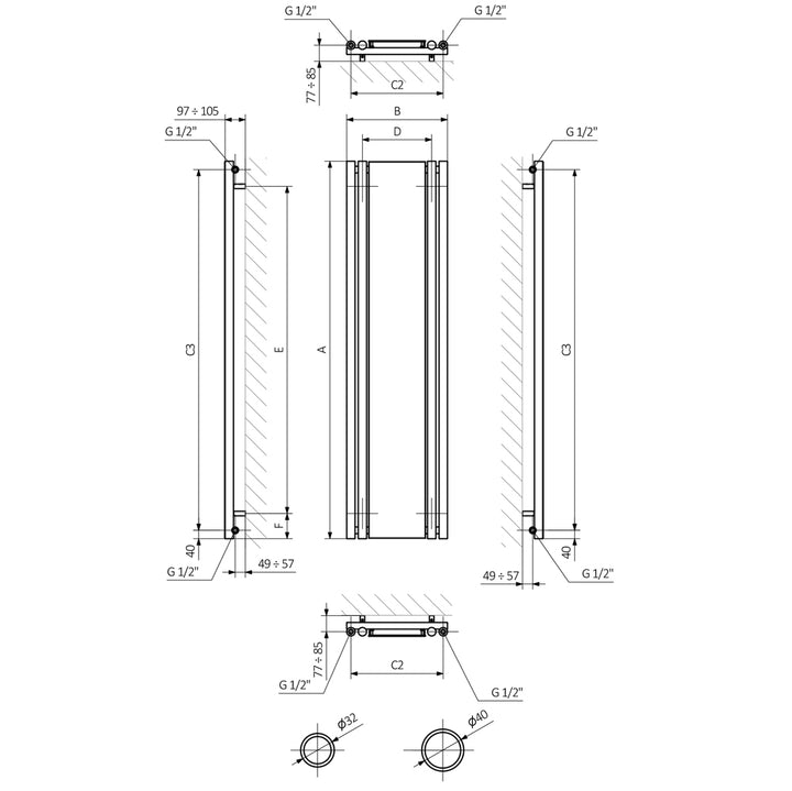 Rolo-Mirror - Black Vertical Designer Radiators H1800mm x W590mm Single Panel