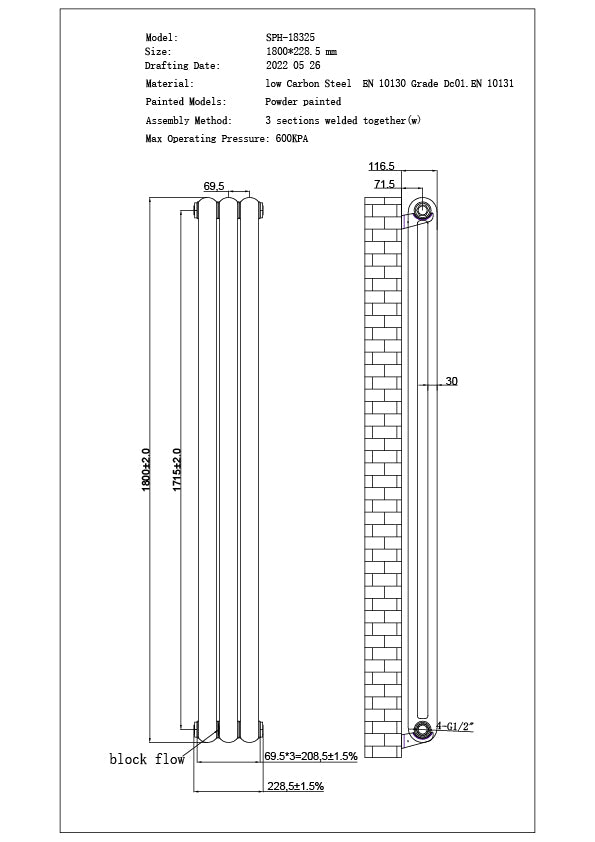 Sherwood - Black Vertical Round Top Column Radiator H1800mm x W229mm 2 Column