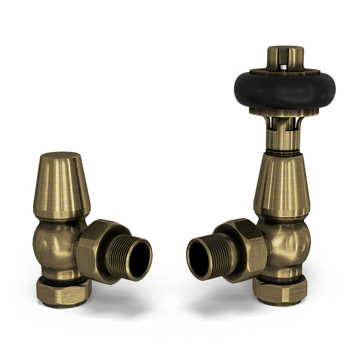 Signature Wooden Head - Antique Brass Thermostatic Radiator Valves Angled 8mm