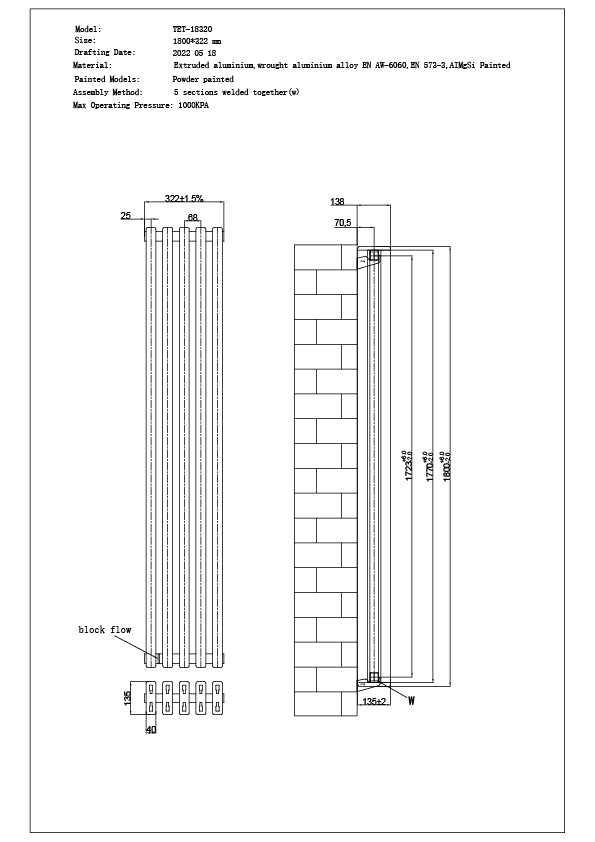 Temple - White Vertical Square Tube Column Radiator H1800mm x W322mm