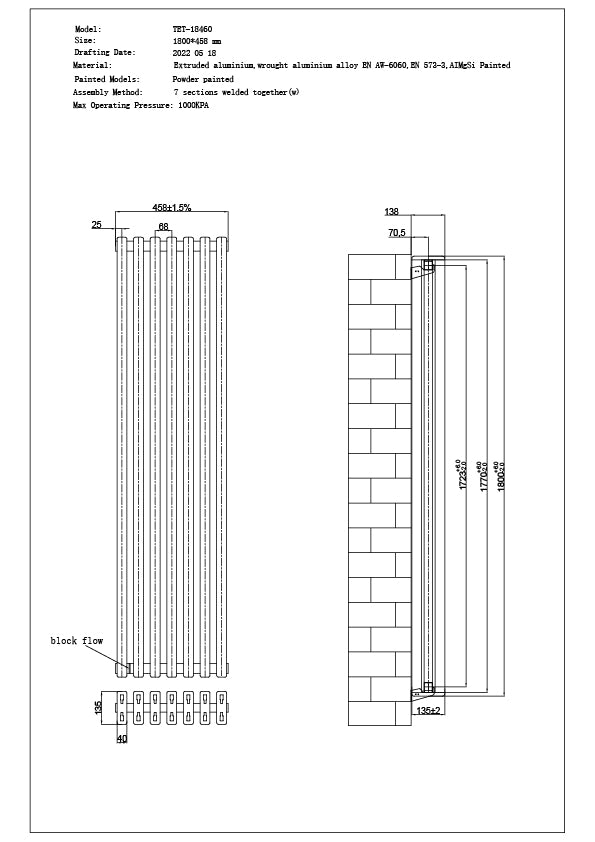 Temple - Anthracite Vertical Square Tube Column Radiator H1800mm x W460mm