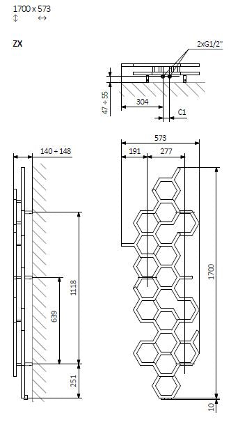 Hex - Copper Vertical Designer Radiators H1700mm x W573mm Single Panel